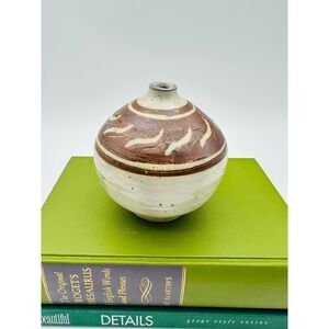 Burton Studio Pottery Bud Vase Hand Thrown Brown Cream Sgraffito 4 inch
